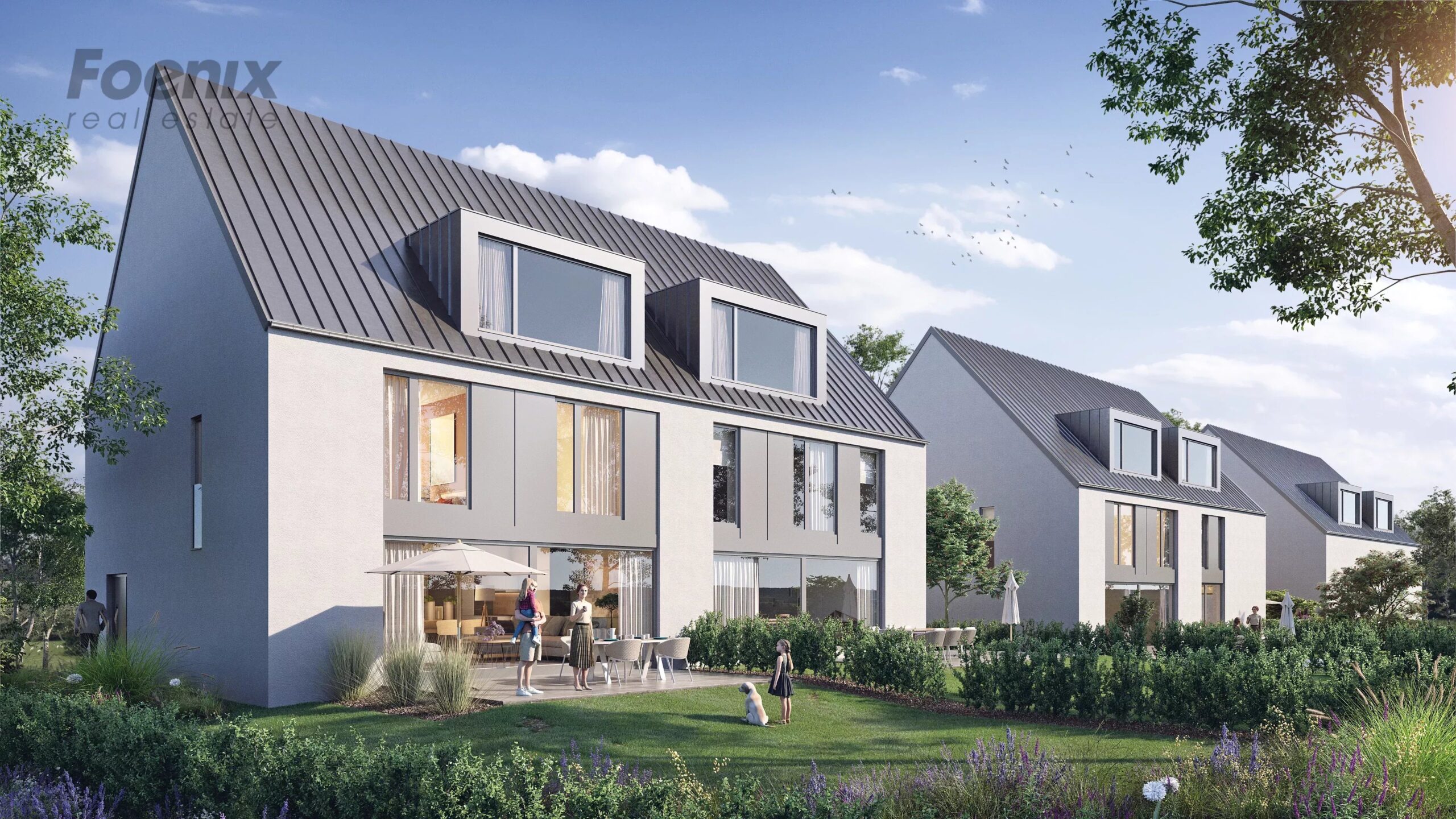 Computer-generated rear-garden view of modern white houses with steep dark roofs, dormers, broad glazing, terraces, and dense landscaped gardens.